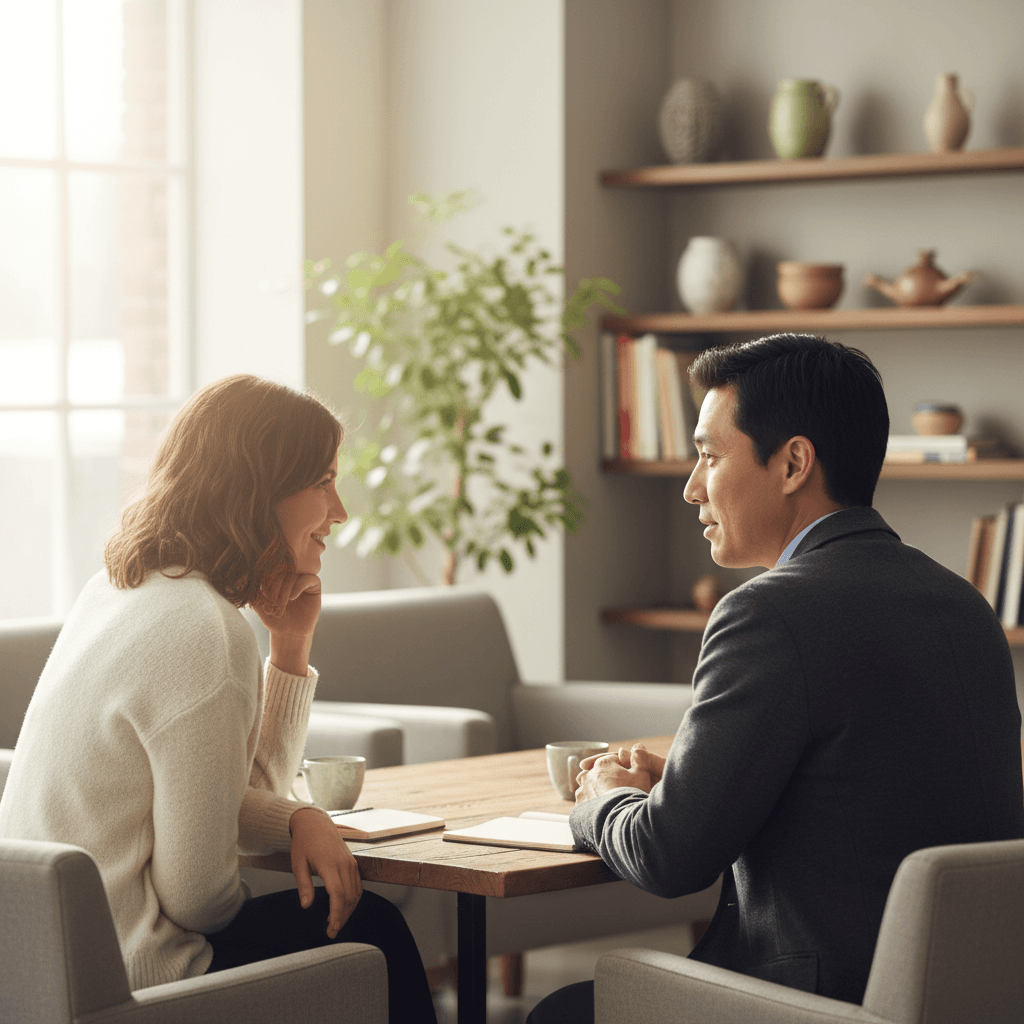 Two people in meaningful conversation and connection